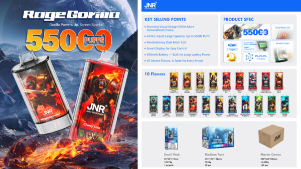 2025.08.15_JNR_CATALOG_RageGorilla JNR Rage Gorilla 55k puffs Disposable E Cigarettes vape 2% 20 Flavors 55000 puffs