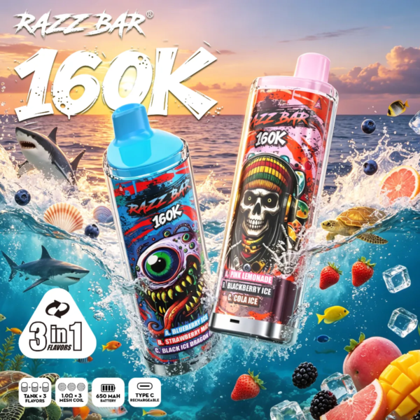 6de47220-a17a-4720-8ef0-4bf04d7912f9 Razz bar 3in1 160K puffs Screen display Disposable E Cigarettes vape 2% 5% 650mah 160000 puffs
