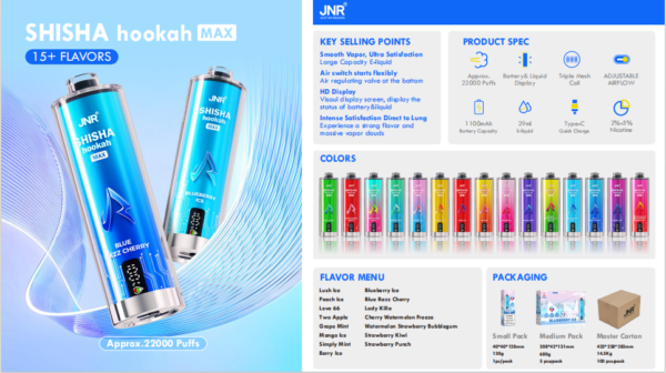 JNR 22K2 JNR Shisha Hookah Max 22K puffs Disposable E Cigarettes vape 2% 29ml 1100mah 22000K puffs
