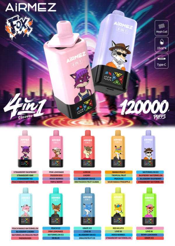 c2a83fe6-40b3-456f-b758-4aeb4ff8b1ac Airmez FOX 4 IN 1 120K puffs Disposable E Cigarettes vape 15ml*4 120000 puff