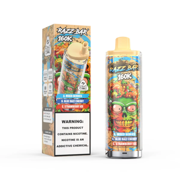 c9ca52a1-4628-4e0c-8b87-b0f585ea0bbe Razz bar 3in1 160K puffs Screen display Disposable E Cigarettes vape 2% 5% 650mah 160000 puffs