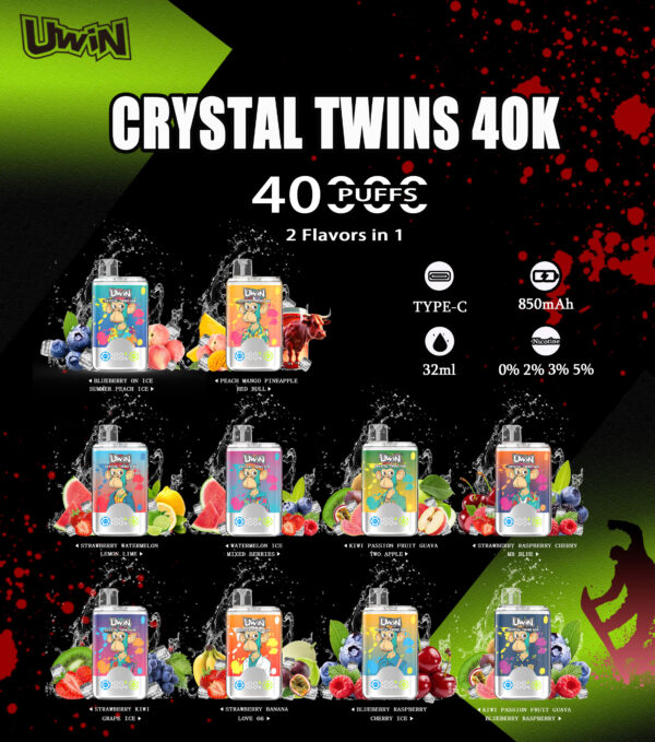 uwin40k口味海报 UWin Crystal Twins 40000 puffs Disposable E Cigarettes vape 32ml Double Flavors 650mah 40K puffs